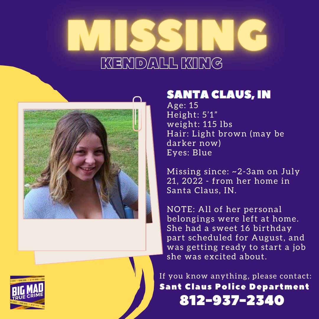 BigMadTrueCrime's tweet image. 15 year old Kendall King is missing out of Santa Claus, IN. 

If you have any information please contact Santa Claus Police Department at 812-937-2340, Spencer County Dispatch at 812-649-2286, The National Center for Missing and Exploited Children at 800-843-5678, or 911.