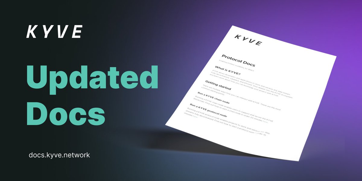 KYVENetwork's tweet photo. With all of the recent updates &amp; more to come, we found it was time for a KYVE doc refresh!

Now, more detailed &amp; readable content has been added &amp; segregated into dedicated sections for:
👨‍💻 DApp developers
🌐 Protocol nodes
✅ Validators

Check it out ➡️ https://t.co/iIMKq5mzZT https://t.co/JktgOYJFII