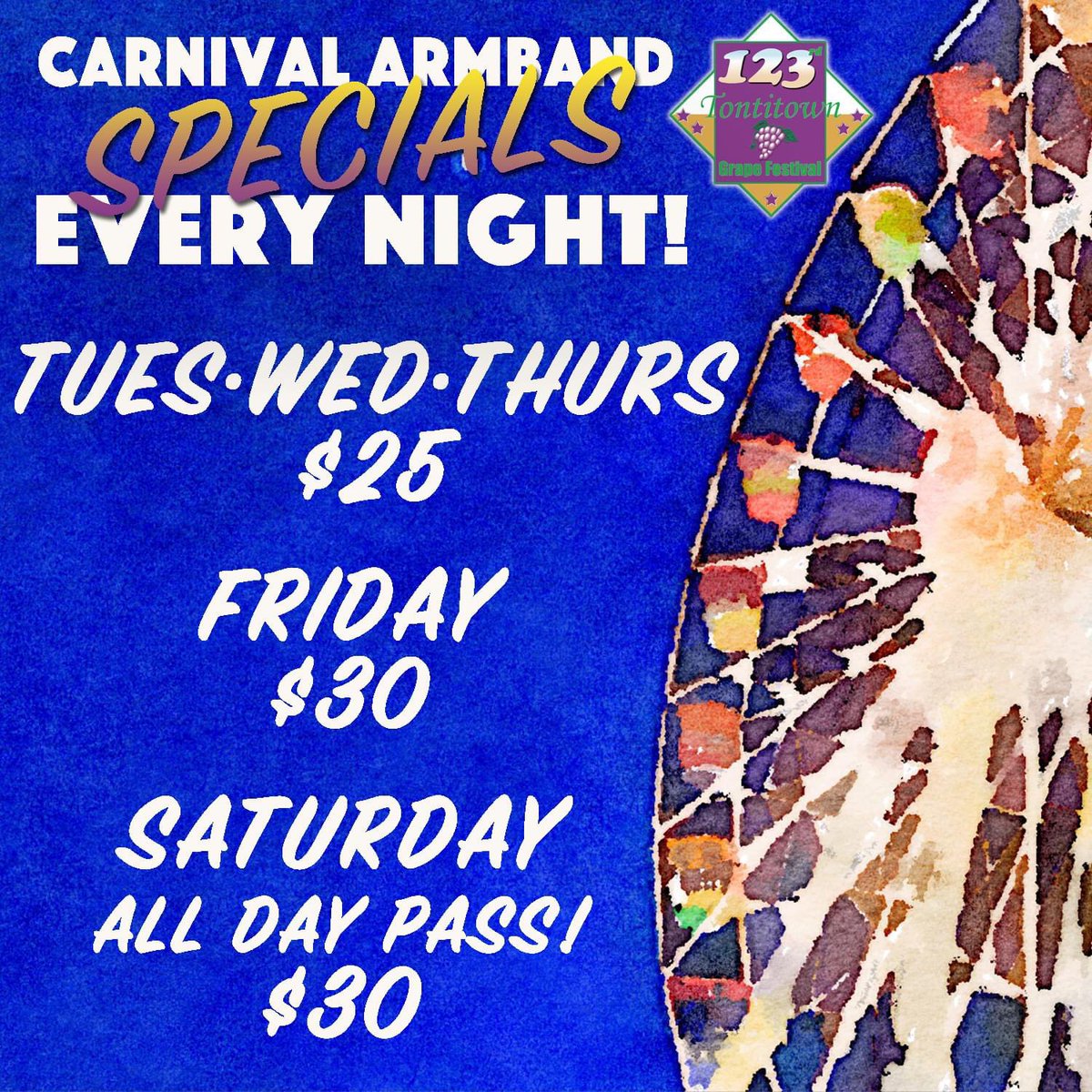tontitowngrape's tweet image. The BEST carnival in NWA at the 123rd Tontitown Grape Festival, August 2nd-6th!! Armband specials are available every night, and enjoy FREE Parking &amp;amp; FREE Admission! 🍇🎟🎡
#TGF2022 #itsabouttradition #123years #armbandspecials #carnival #tontitown #grapefestival #familyfun