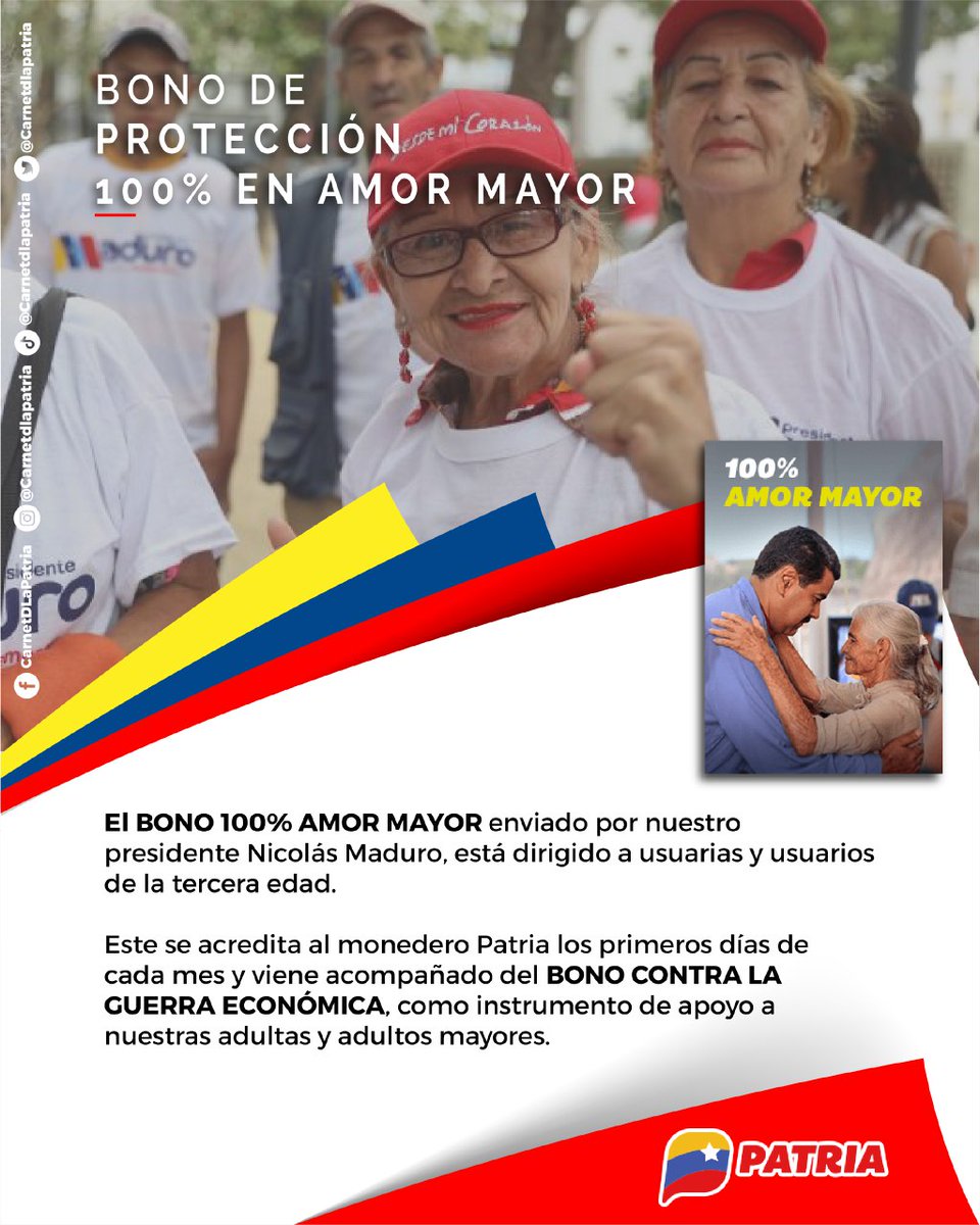 #ENTÉRATE El #SistemaPatria informa que, el #Bono100%AmorMayor enviado por nuestro Pdte. <a href="/NicolasMaduro/">Nicolás Maduro</a> a través de la #PlataformaPatria, está dirigido a usuari@s de la tercera edad. Acompañado del #BonoContraLaGuerraEconómica.

#IntegridadTerritorial #2Ago