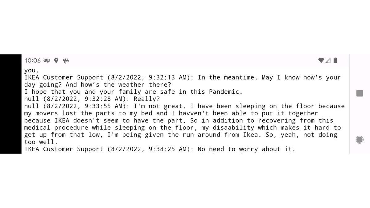 VeronicaSmiling's tweet image. Well @IKEA, @IKEAUSA? If there's "no need to worry"  how can I get part #128895 so I can put together my 🛏️? Your cs phone system hangs up on every call. Your store says that part isn't made anymore and your cs chat agent can barely communicate. Is my bed just trash now? #csfails