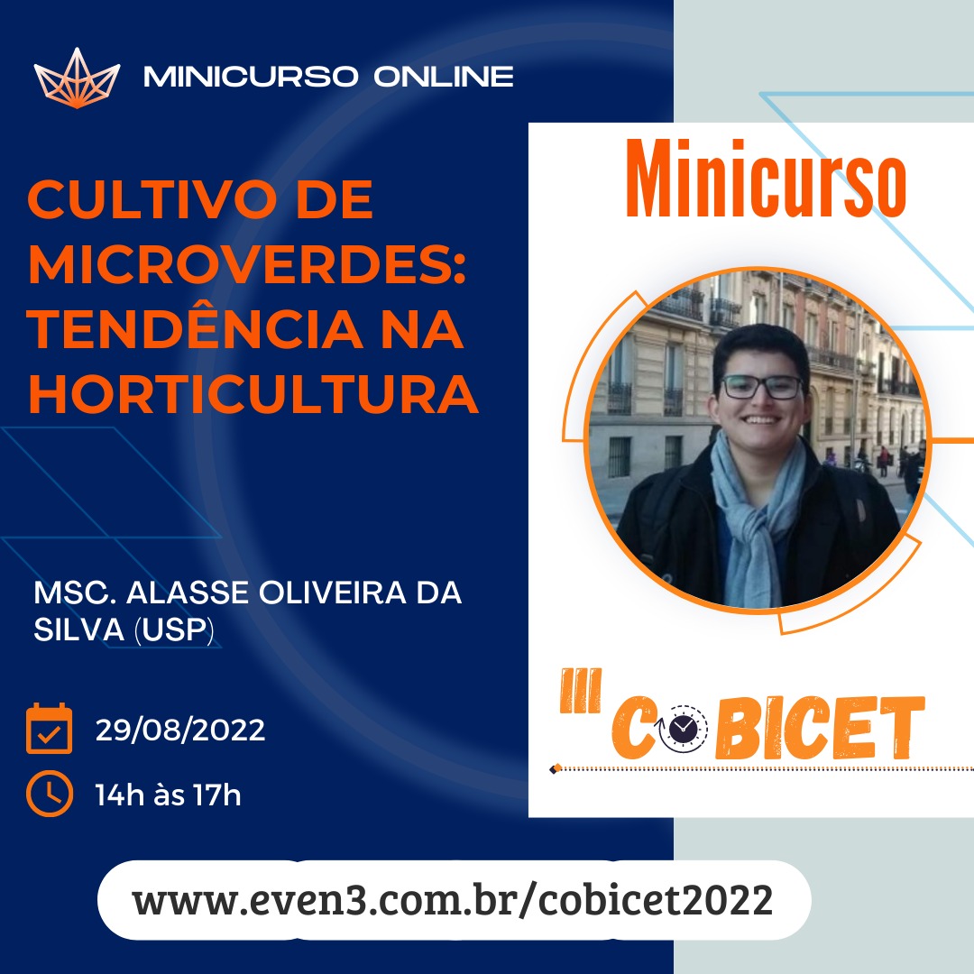 CoBICET's tweet photo. MINICURSO Cultivo de microverdes: tendência na horticultura
👨🏻🏫Ministrante: MSc. Alasse Oliveira da Silva (USP)
📅Data: 29 de agosto de 2022
🕑Horario: 14h às 17h00
https://t.co/0iIg9Vf9FN
#agronomia #agricultura #plantas #nutrição #hortaliças #cereais #legumes #microverdes https://t.co/ndMzDTvgpR