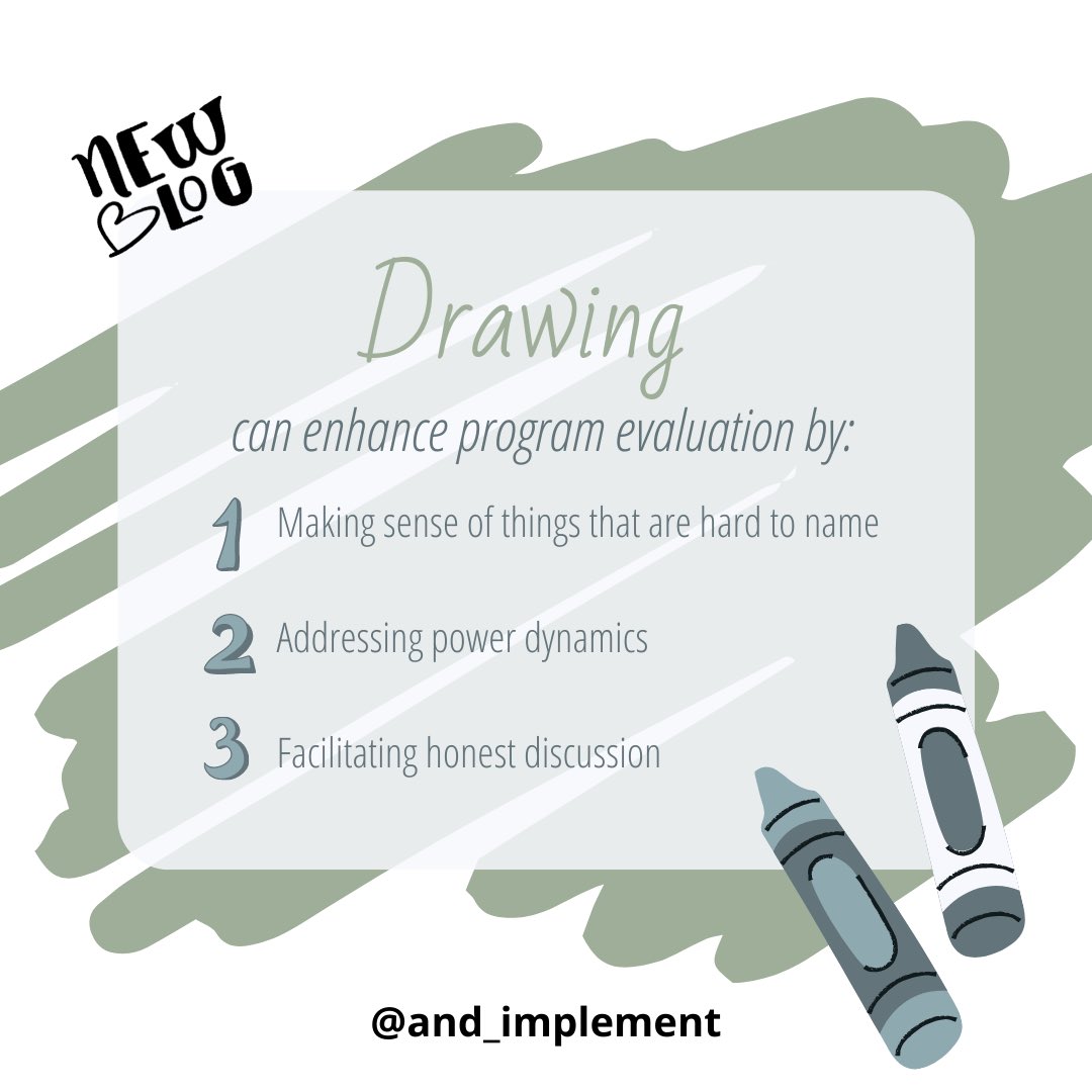 and_implement's tweet image. Drawing is one of our fave evaluation tools (if the context fits). Read about what it is, how it works, when it’s great, and where it falls flat: bit.ly/3bkGSf2 
#evaluation #EvalTwitter #arts #drawing