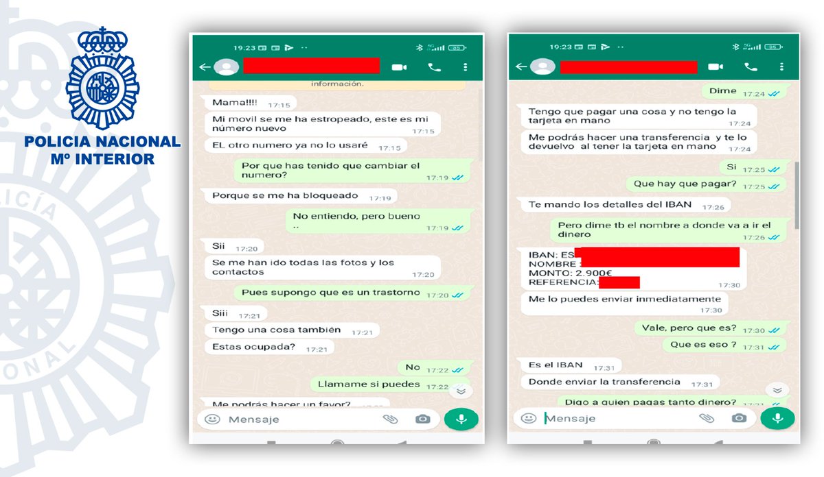 🚩ATENCIÓN 

Detectada una nueva modalidad de #estafa a través de #WhatsApp ⤵

Contactan con mujeres y se hacen pasar por sus hijos para solicitarles #dinero de manera urgente con el fin de hacer frente a un supuesto problema inmediato  

Comparte para evitar futuras víctimas