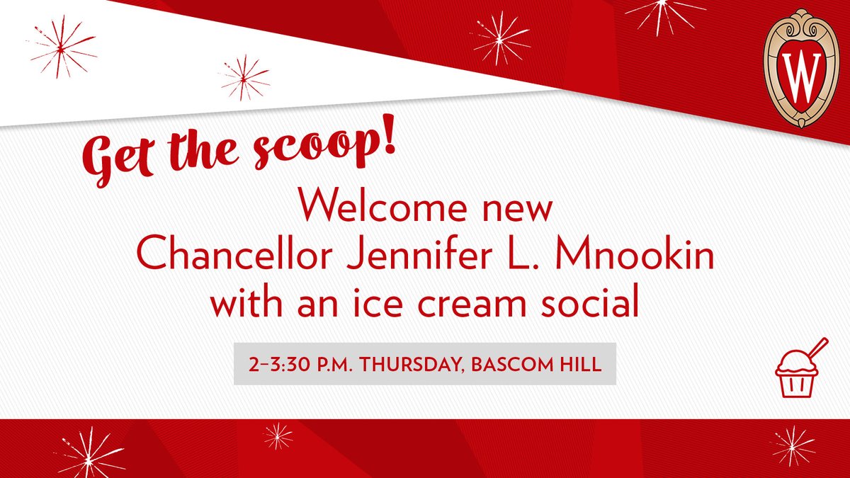 What better way to welcome our new Chancellor, Jennifer L. Mnookin, than to eat ice cream with her?

Join us on Bascom Hill this Thursday, August 4, at 2 p.m. to celebrate her first day on campus.

Chancellor Mnookin looks forward to meeting you! More: go.wisc.edu/gc153p
