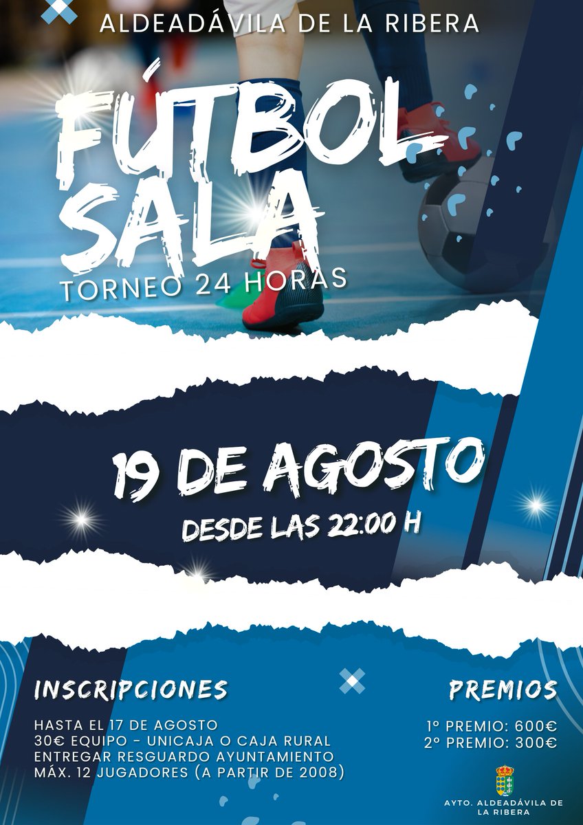 💥¡Nuevo campeonato 24h de #fútbolsala!💥

📅19 de agosto, a partir de las 22:00h
⚠️Inscripciones hasta el 17 de agosto; Ingreso en Unicaja o Caja Rural de 30€ por equipo (entregar resguardo ayuntamiento junto con el nombre de los jugadores) 
👤+14 años

#AldeadávilaComunica