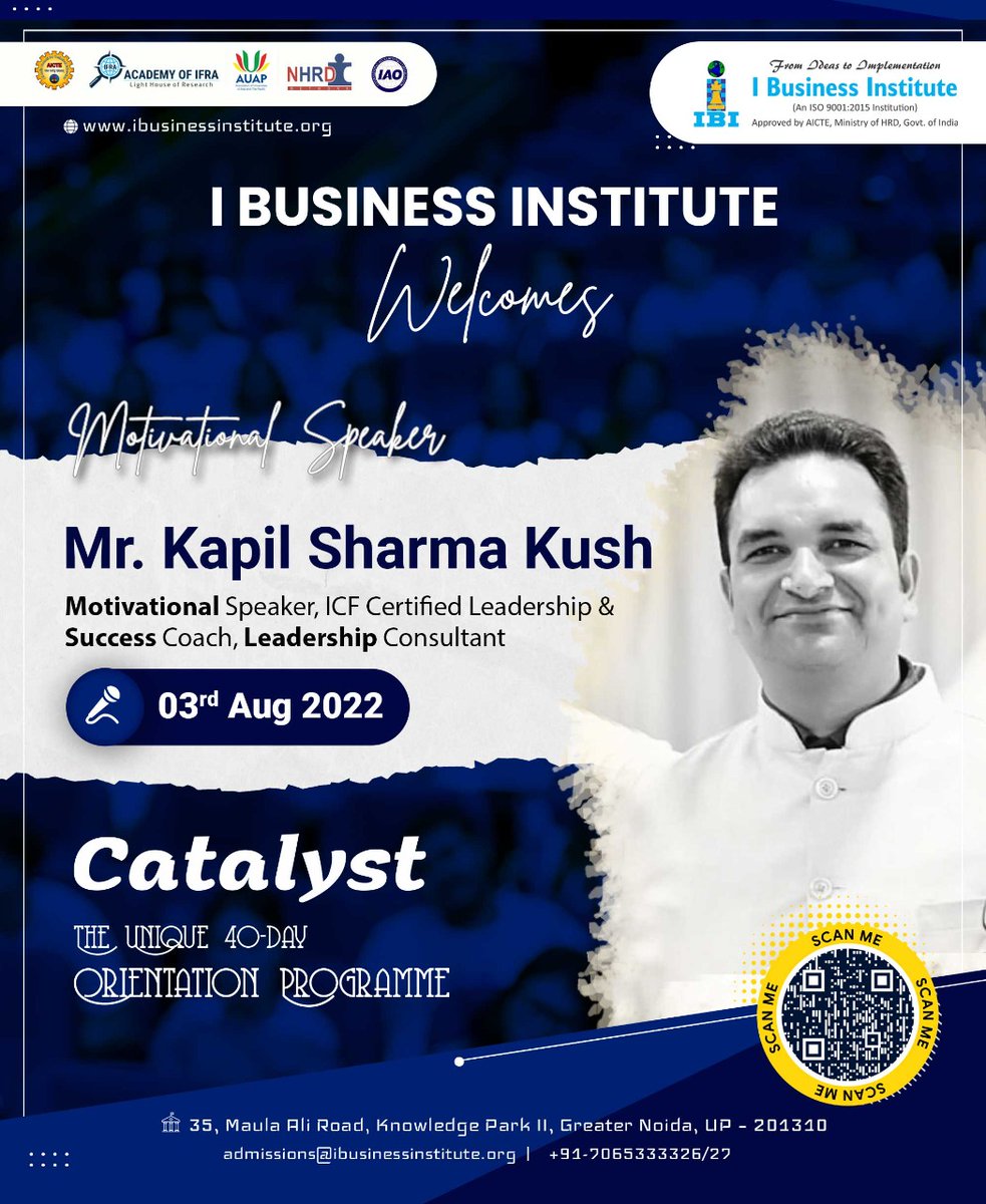 IBusinessInsti1's tweet photo. I Business Institute is organising a Motivational session as a part of "CATALYST" The 40 days unique Orientation Programme for PGDM Batch 2022-2024 on 3rd August 2022.
Motivational Speaker👇
Mr. Kapil Sharma Kush
#CorporateSession #IBI #PGDM #CATALYST #OrientationProgramme https://t.co/Fki0zdmBPJ