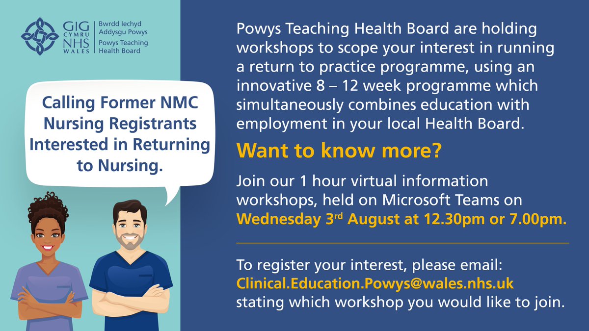 If you were a Registered Nurse and you're keen to learn more about the possibility of Returning to Nursing, please register your details for a place on our workshops with our Clinical Education team tomorrow: Clinical.Education.Powys@wales.nhs.uk
➡️pthb.nhs.wales/news/health-bo…