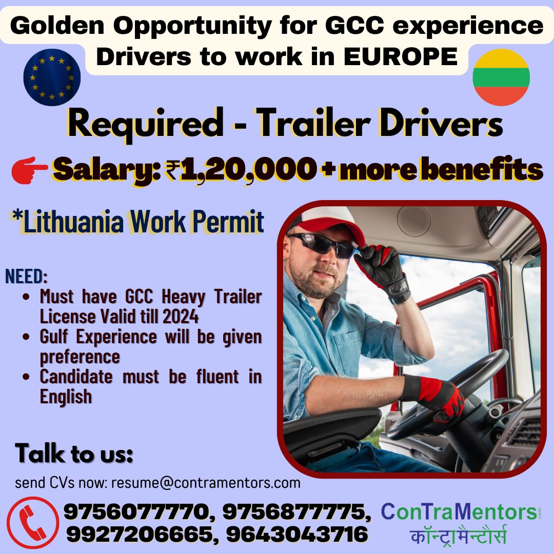 contramentors's tweet photo. ❤Golden #Opportunity for #GCC experience #Drivers to work in #EUROPE 👍यूरोप में ड्राइवर्स की नौकरी 🥳#Lithuania #WorkPermit 🌟Salary: ₹1,20,000 + more 👍Required - #TrailerDrivers
🌐https://t.co/dYVoRI1Oma
#gcclicense #europe #heavydrivers #visa #pr #Lithuania #overseasjob https://t.co/LHyFrq3p0m