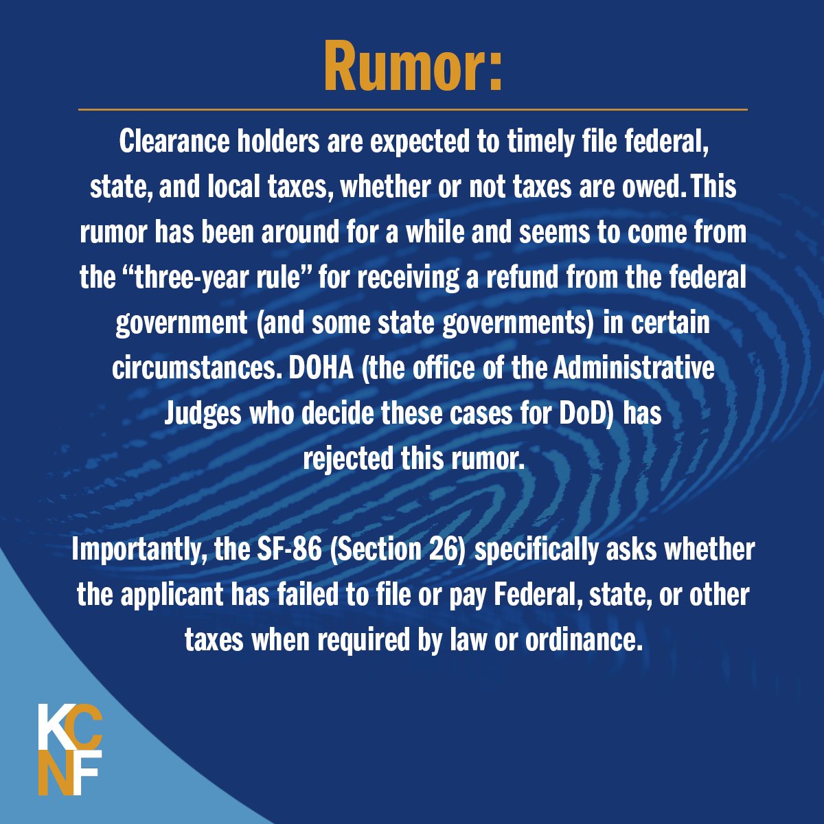 KCNFDC's tweet image. Rumor or Reality 3: It’s ok if I miss a tax filing deadline if I don’t owe taxes, so long as I file within three years. #securityclearance Via @elisabethmbaker. kcnfdc.com/practice-areas…