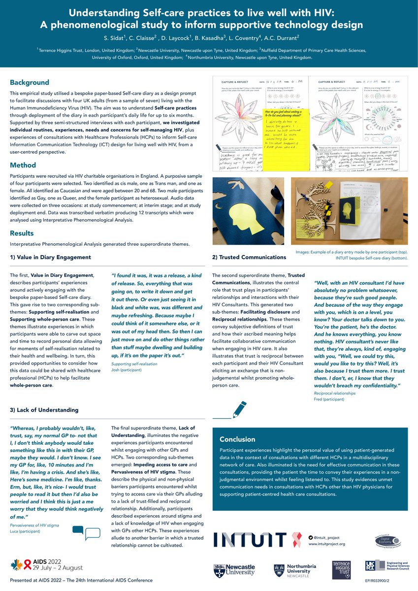 Understanding self-care practices to live well with HIV: A phenomenological study to inform supportive technology design. It was an honour to present this joint poster with @abigail_durrant, @CarolineClaisse, @INTUIT_project and @SCS_05 at #AIDS2022.