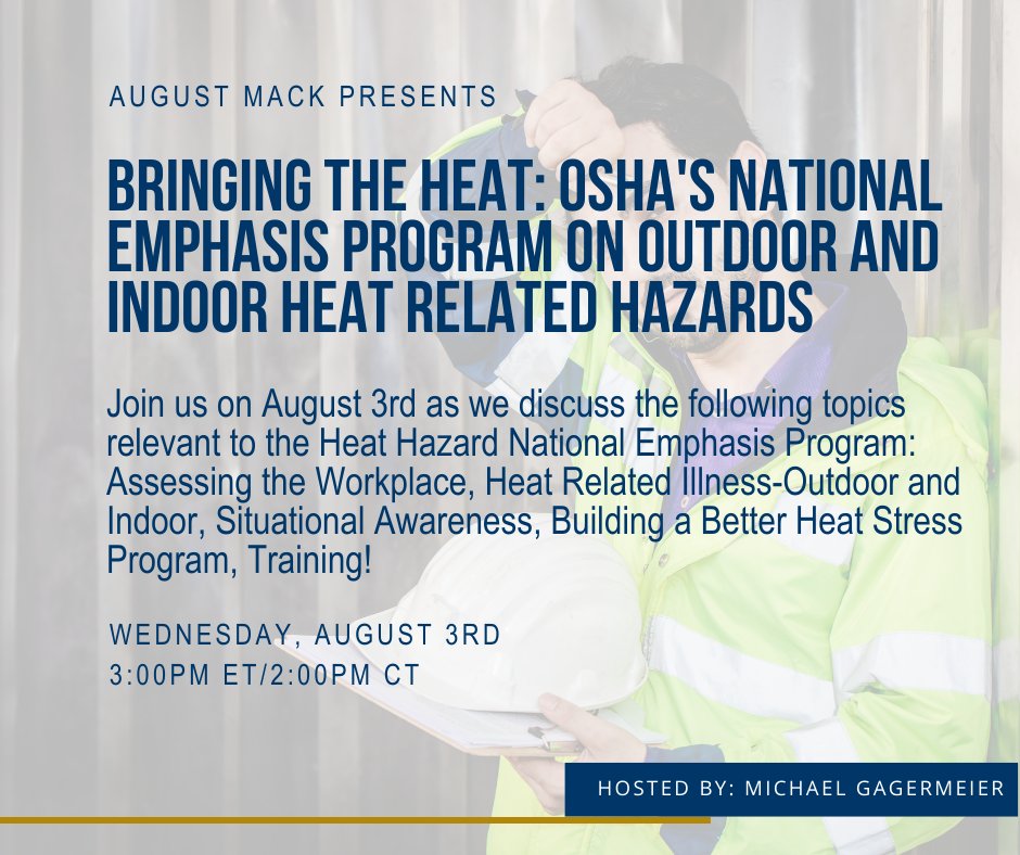 Join us on August 3rd as we take a look at OSHA's National Emphasis Program on topics such as heat related illness, situational awareness, building a better heat stress program and more! Last chance to register!

#heat #safety #awareness

Register Here ➡️ ow.ly/ybeJ50K9wwK