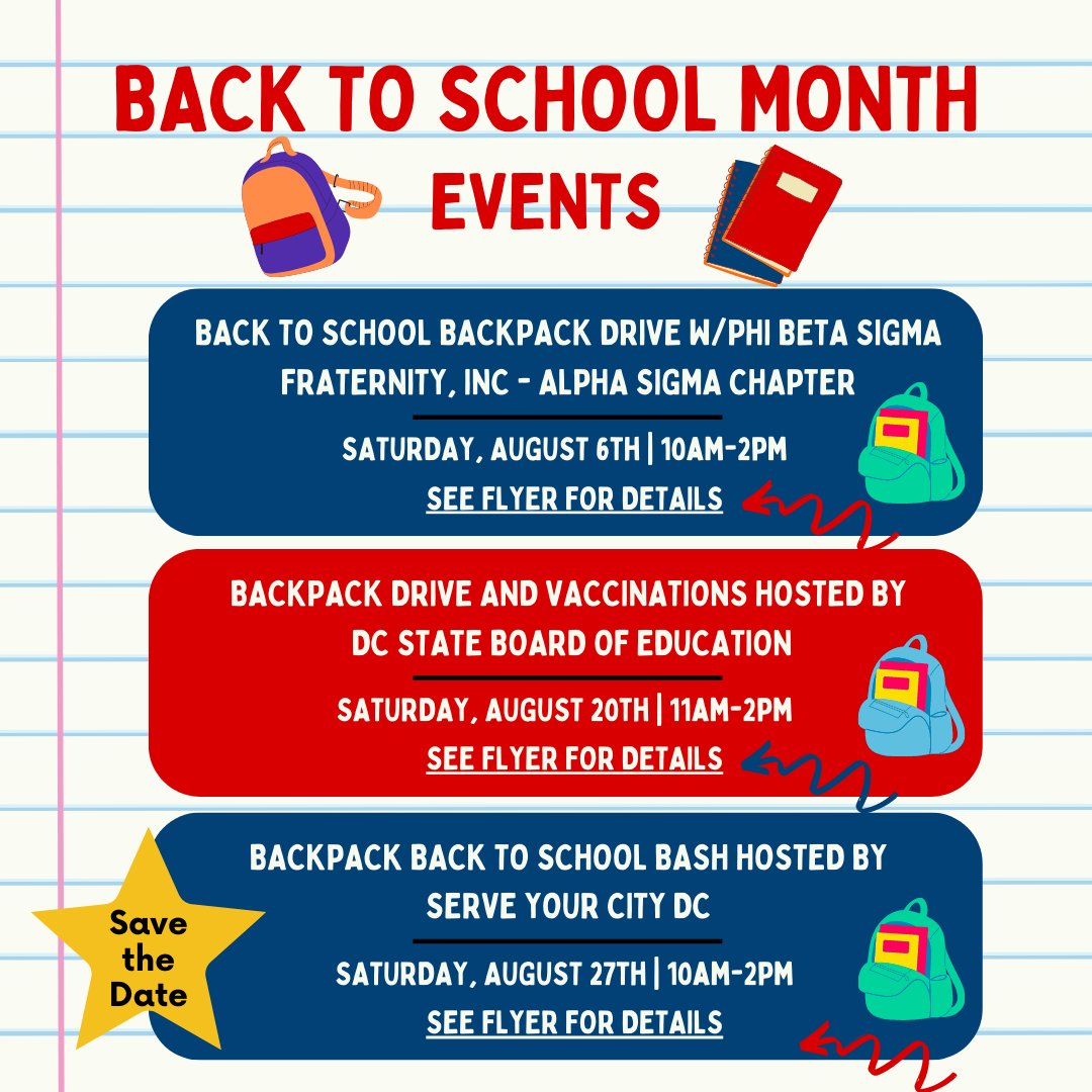 FLOC_DC's tweet photo. FLOC is so excited to partner up with community groups this month to help students get ready for school! Throughout the month, you can catch us at the events below. We hope to see you there! 
#flocdc #backtoschool #summerfun https://t.co/HqmWQjeD3D