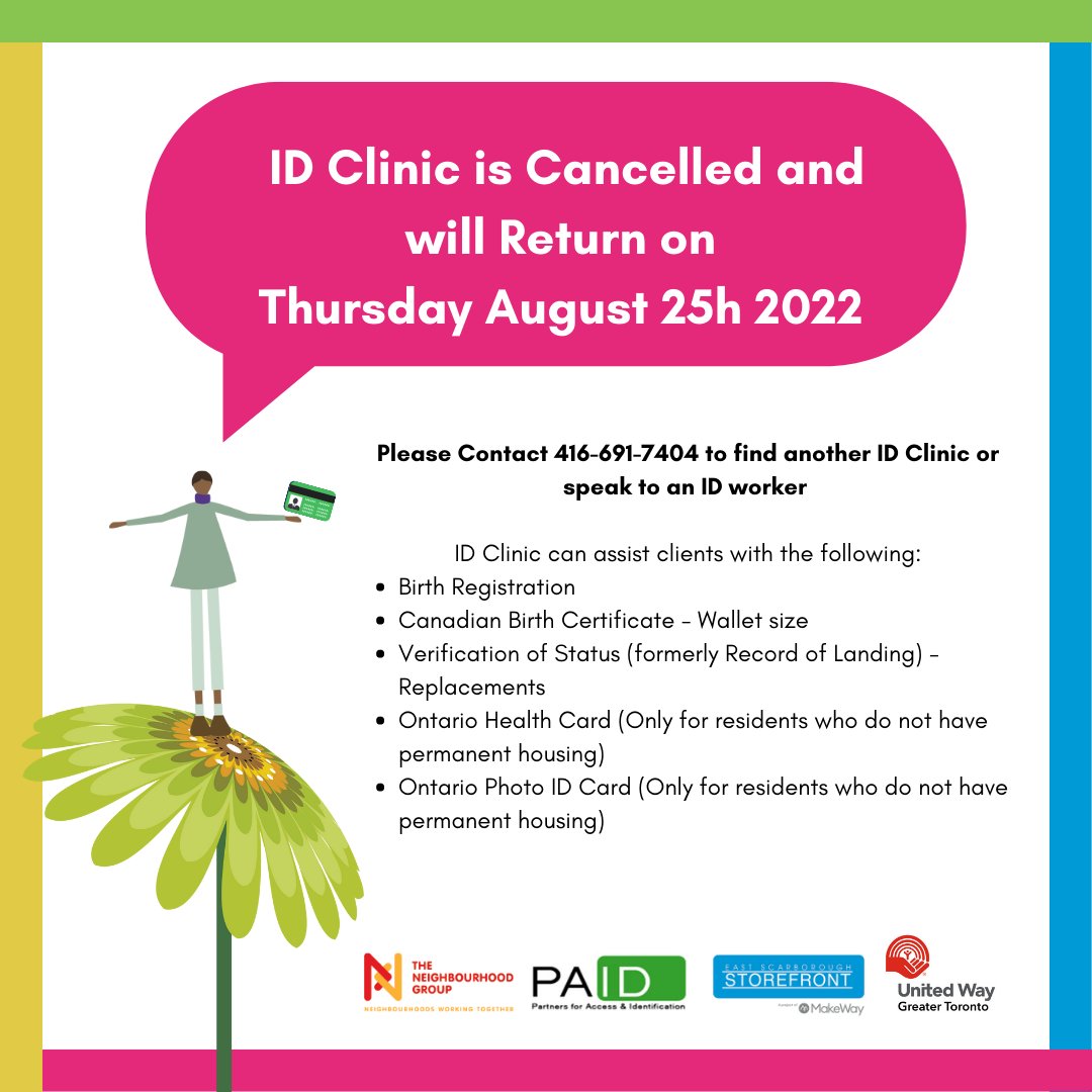 StorefrontKGO's tweet photo. Our ID Clinic is closed and will return on August 25th 2022. Click link to find another ID Clinic https://t.co/aZqhg2EAU9 
#StorefrontKGO, #EastScarborough, #IDClinic https://t.co/IzUCrNFqeB