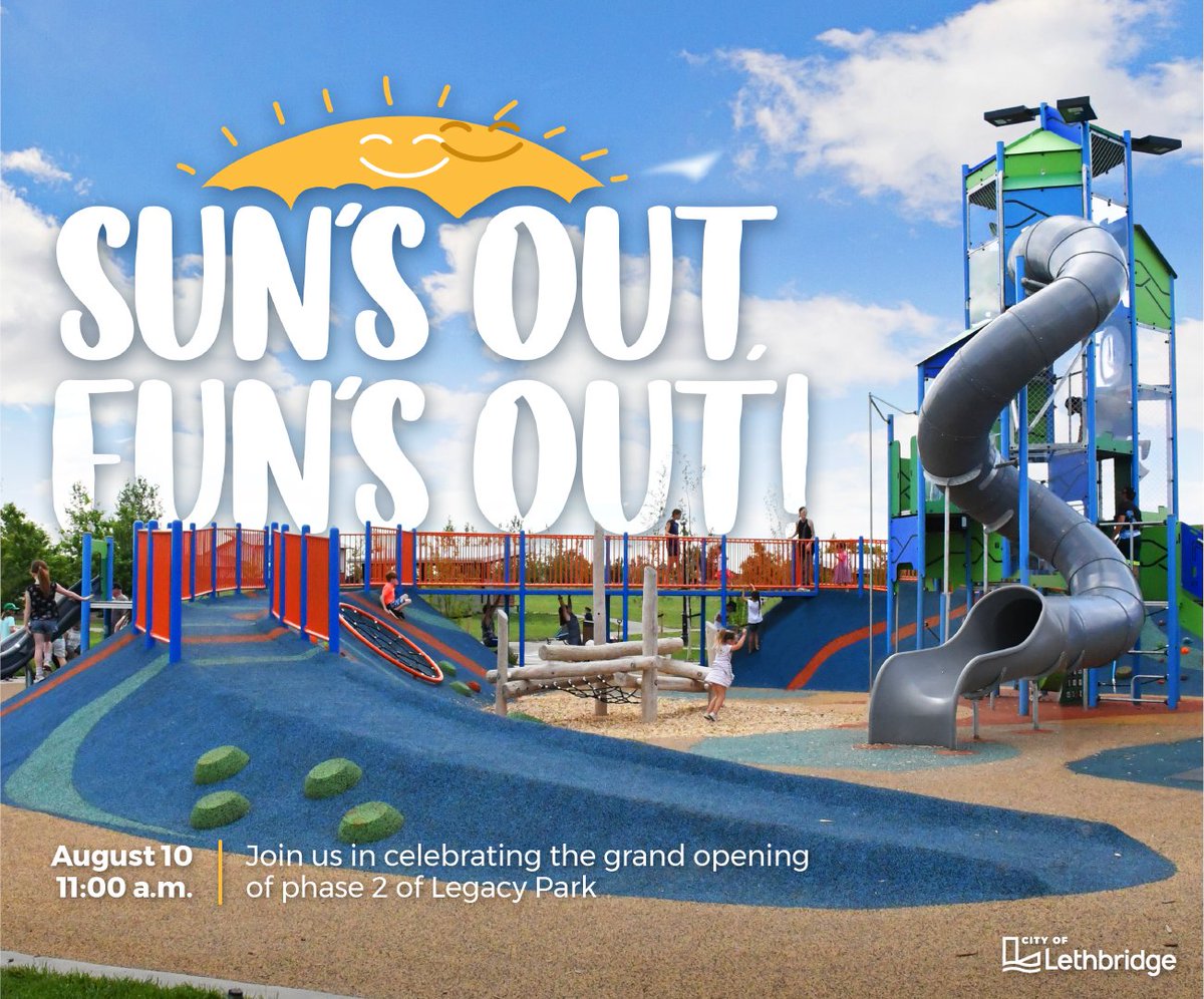 ☀️You're Invited!☀️

On August 10 at 11 a.m. we are celebrating the Grand Opening of Legacy Park Phase 2.

Legacy Park is a community play space for all residents and visitors. Phase 2 saw the completion of the Discovery playground, spray park, picnic shelter and pavilion.

#yql