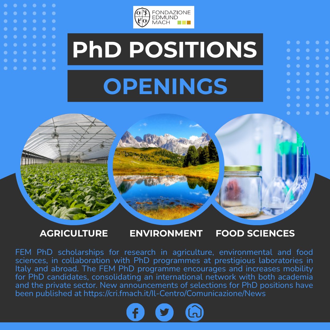 🎓🎓🎓 FEM #PhD #scholarships for research in #agriculture, #environmental and #food sciences, in collaboration with PhD programmes at prestigious laboratories in Italy and abroad.  Find new announcements of selections for PhD positions on the page ow.ly/RTcW50K9v2S