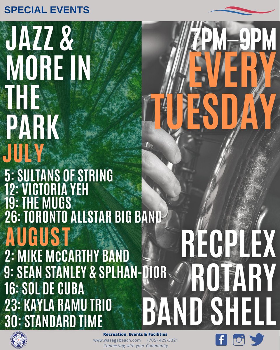 Join us for Jazz and More in the Park. Tuesdays, 7 p.m. to 9 p.m. See the line-up here: wasagabeach.com/en/explore-and… #WasagaBeach #MovingWBForward
