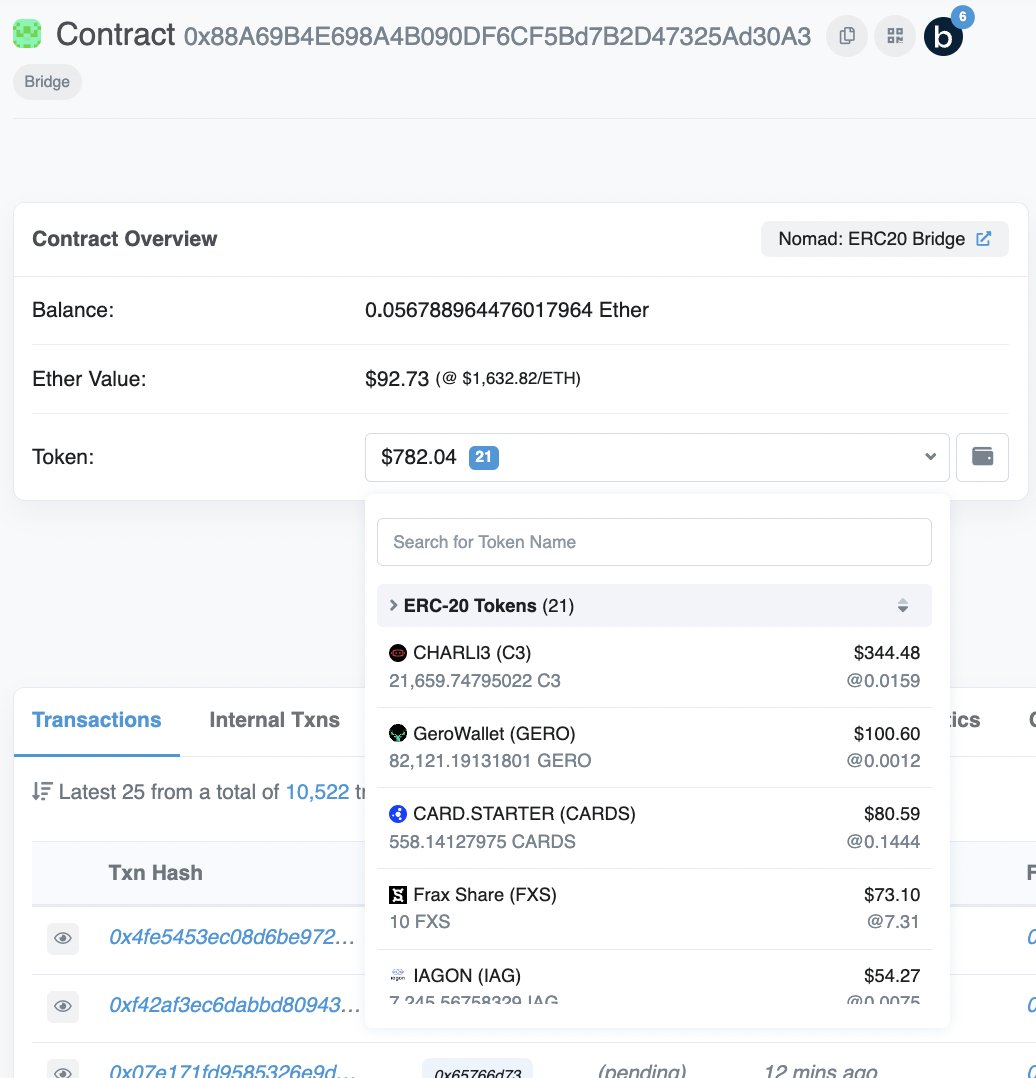 Miss_DaisyM's tweet photo. BREAKING NEWS📰

Nomad Bridge was hacked due to the vulnerability, the loss of the platform was approximately $190 million, the majority of recent hacks were from the bridge side

The initial state of the account and the final state after the loot💀

#NFTs #Crypto #cryptocurrency https://t.co/gY2aaafR2E