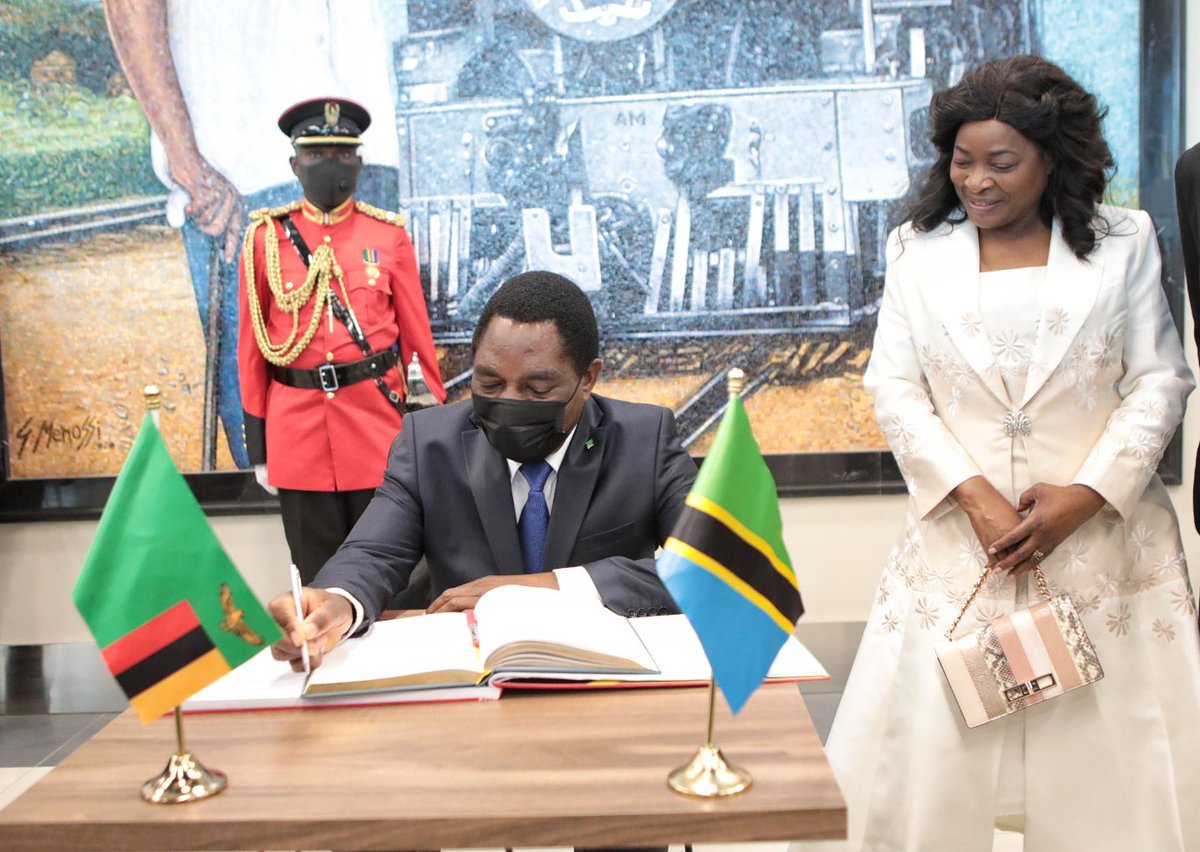 HHichilema's tweet photo. Agreed to look at existing trade barriers between our sister countries and find ways of harmonising these for the benefit of our citizens. Among the issues to be addressed include the delays in cargo clearance at the ports and borders. #CMO #TanzaniaStateVisit https://t.co/PC7bTvGabR
