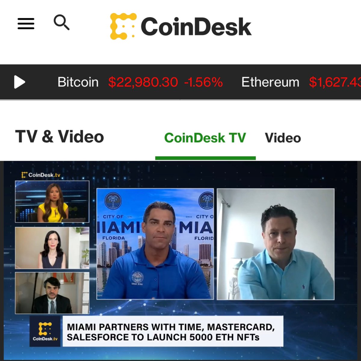 Honored to spend this AM discussing the <a href="/CityofMiami/">City of Miami</a> <a href="/TIME/">TIME</a> <a href="/Mastercard/">Mastercard</a> &amp; <a href="/salesforce/">Salesforce</a>!

On behalf of team at <a href="/TIMEPieces/">TIMEPieces</a>, a HUGE TY to @francissuarez &amp; @VentureMiami as well as <a href="/RajaRajamannar/">Raja Rajamannar</a> <a href="/adamscaplan/">adamcaplan</a> &amp; team.

TY to <a href="/CoinDesk/">CoinDesk</a> <a href="/SamEwen/">Sam Ewen</a> &amp; <a href="/caseycraig_/">Casey Craig</a>!

coindesk.com/tv/