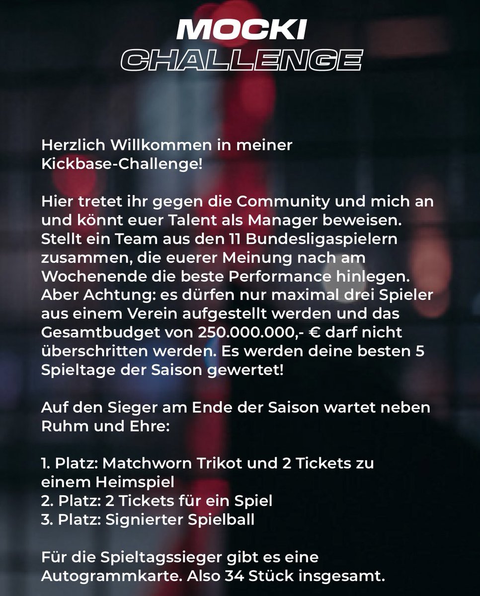 Wer denkt er kann bei <a href="/Kickbase_DE/">Kickbase 🇩🇪</a> mehr als ich?

Jeden Spieltag aus allen Bundesliga Spielern ein Team zusammen stellen, am Ende zählen die 5 besten Spieltage 🏆

Kein Einsatz, nur gewinnen können 😁

Zur Anmeldung ⬇️

go.kickbase.com/Mocki

RT ❤️