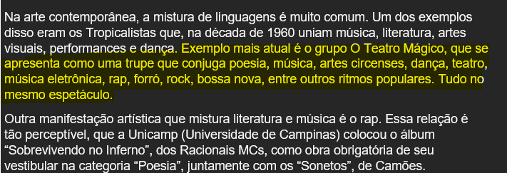 A parte que amo na revisão de texto é ler assuntos que gosto. A escolha de fazer Letras sempre teve muita influência do meu amor pela Música.

Aí pego esse material didático de Português citando <a href="/oteatromagico/">O Teatro Mágico</a>, depois uma poesia do <a href="/Fanitelli/">Fernando Anitelli</a>, Racionais e tantos outros. Fiquei🥰