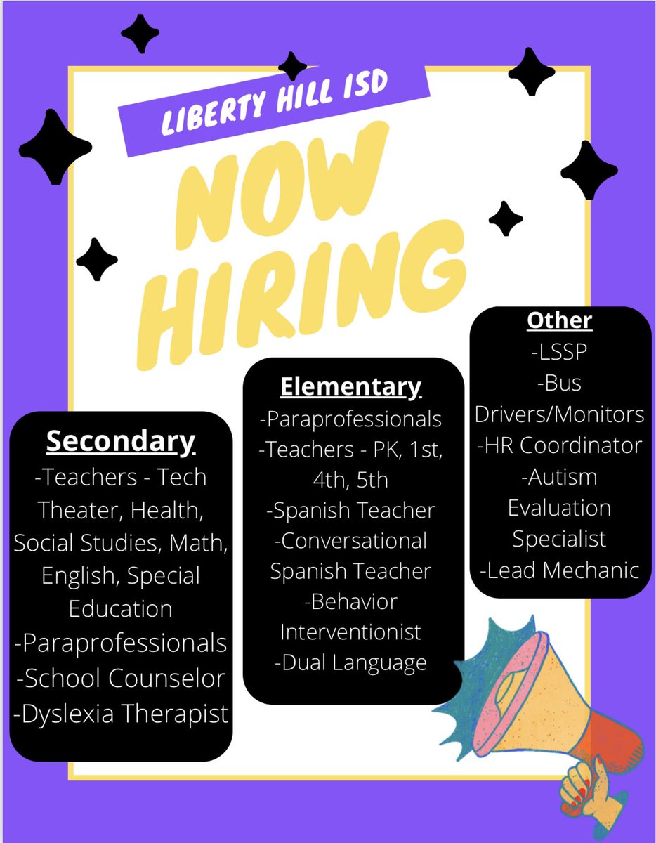 lhisdcomms's tweet image. Look no further- LHISD is hiring! Be part of a top notch, fast-growth district that is hiring multiple positions to staff for it.💜 #buildingchampions #LHplanning4thefuture