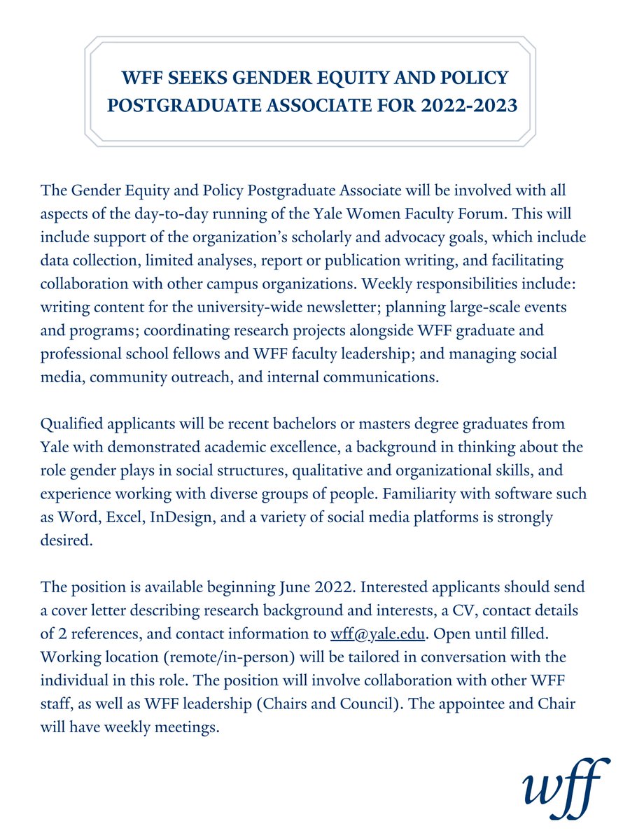 We're Hiring: Postgraduate Associate for Gender Equity &amp; Policy
wff.yale.edu/news/now-hirin…