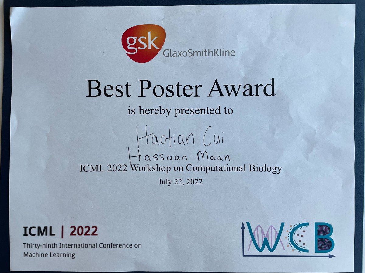 BoWang87's tweet image. Our DeepVelo (biorxiv.org/content/10.110… ) is awarded as the best poster at #icml22 #combio workshop! congratulations to two of my amazing students Hassaan and @HAOTIANCUI1 !