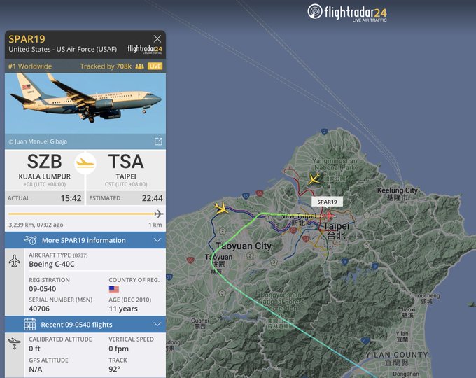 Flightpath of SPAR19 landing in Taipei with 708,000 people tracking the flight.