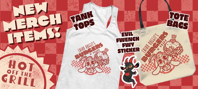 HOT OFF THE GRILL! 🍔🍟
New summer Chikn Nuggit merch!

Tank tops, Totes, T-shirts and a new sticker are now available in the shop! Check `em out here:

https://t.co/pYzxGAWhxR 