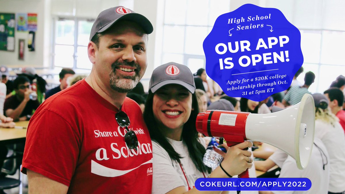 cokescholars's tweet photo. 📣 OUR APPLICATION IS OPEN! 📣

High school seniors can apply now to be a Coke Scholar and receive a $20,000 college #scholarship at https://t.co/spihAr6Pru.

Deadline is October 31, 2022, at 5pm ET!

#CokeScholars #leadership #service #college #education #scholarships https://t.co/yBSOCt2zHb