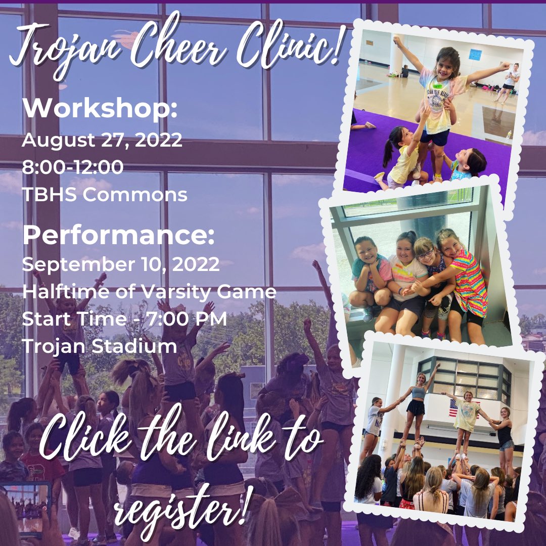 📣Hey Mini Trojan Cheerleaders!📣Registration for our fall cheer clinic is ✨open✨! Come learn a routine with us and then perform at halftime of the Troy VS Hannibal varsity football game! 🏈 Sign up by 8/13 for a unique cheer bow! 💜💛 trojansportscamps.com/cheerleading.c…