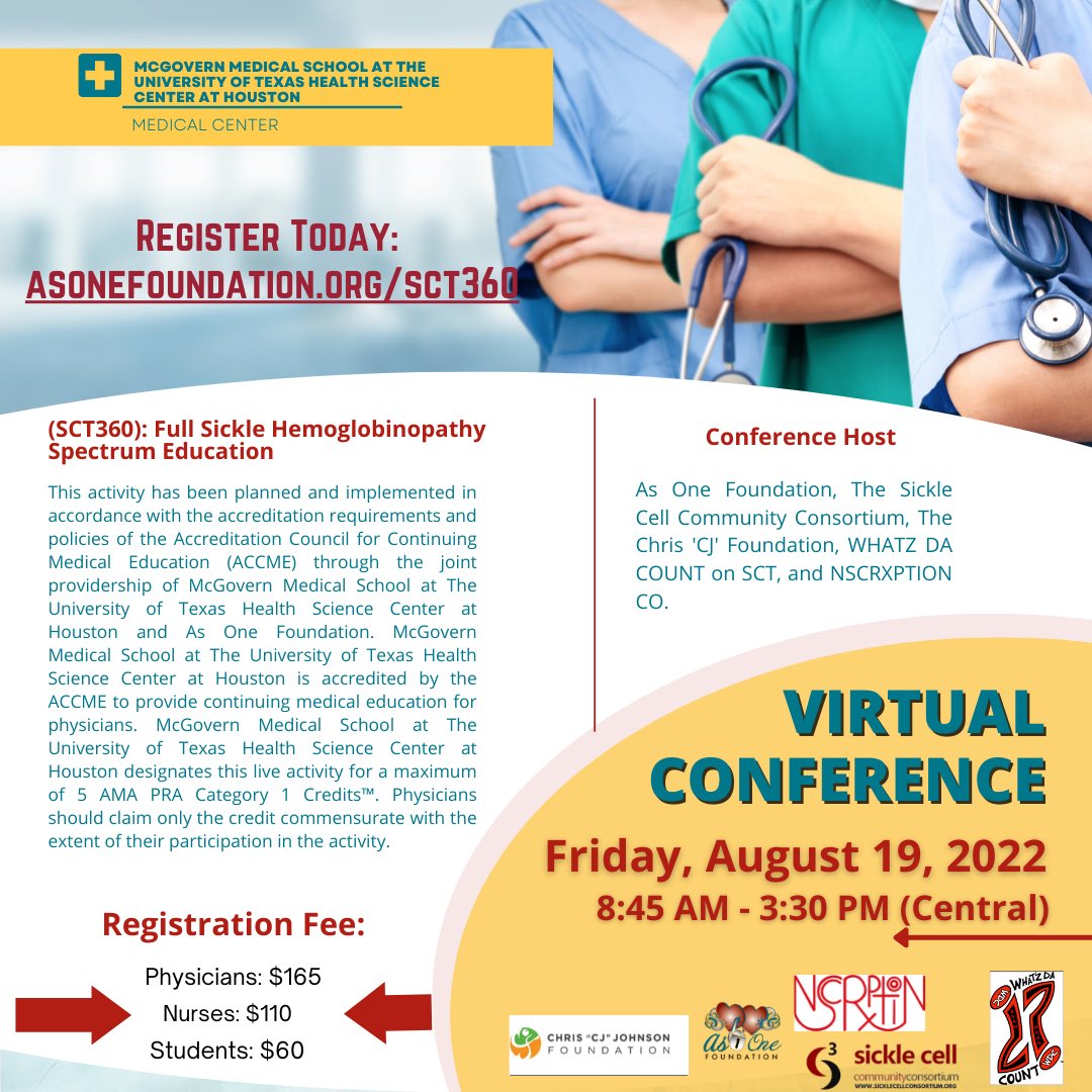 If you or your loved one suffers from Sickle Cell Anemia or Sickle Cell Trait then you need to share the SCT 360 CME Virtual Conference with your Doctors and caregivers.

Join us on Friday, August 19th from 8:45 am to 3:30 pm Central! ❤️
@TomiaAustin