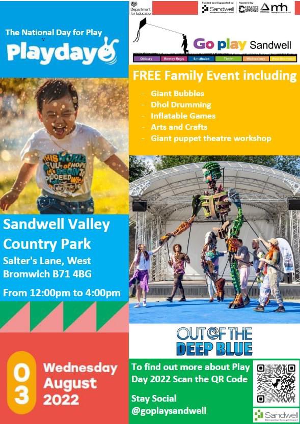 GoPlaySandwell's tweet photo. Whoop whoop only one more sleep come and join us Sandwell Valley Country Park for a festival full of playfulness! Bring a picnic and your family, friends and letโs celebrate powered by our Go Play family #groundworkswestmidlands #MurrayHall #creativeacademies. #Playday2022 https://t.co/Ui9DcTsp26