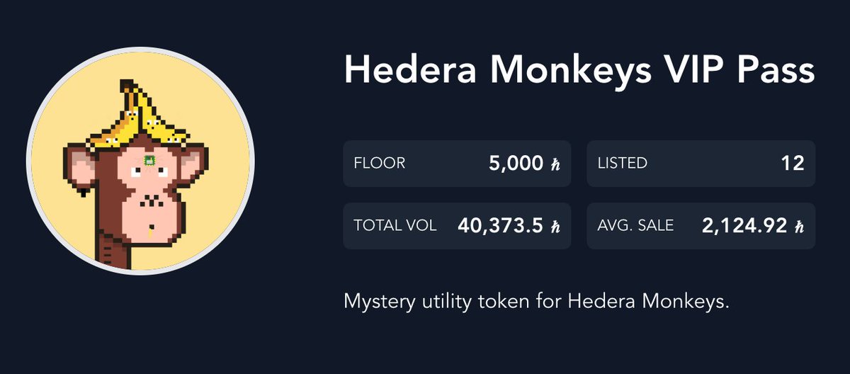 JoeHighTimesNFT's tweet photo. #HBARbarians quick little ALPHA.

The #VIPbananas from @Hedera_Monkeys are going to go fast. Only 750 supply with 12 listed.

I am excited to see where this is going to go after the next few days. I think we could see some price action.. 

#HBARcommunity #HederaNFTs #HederaWhale https://t.co/x5R3XPAO6X
