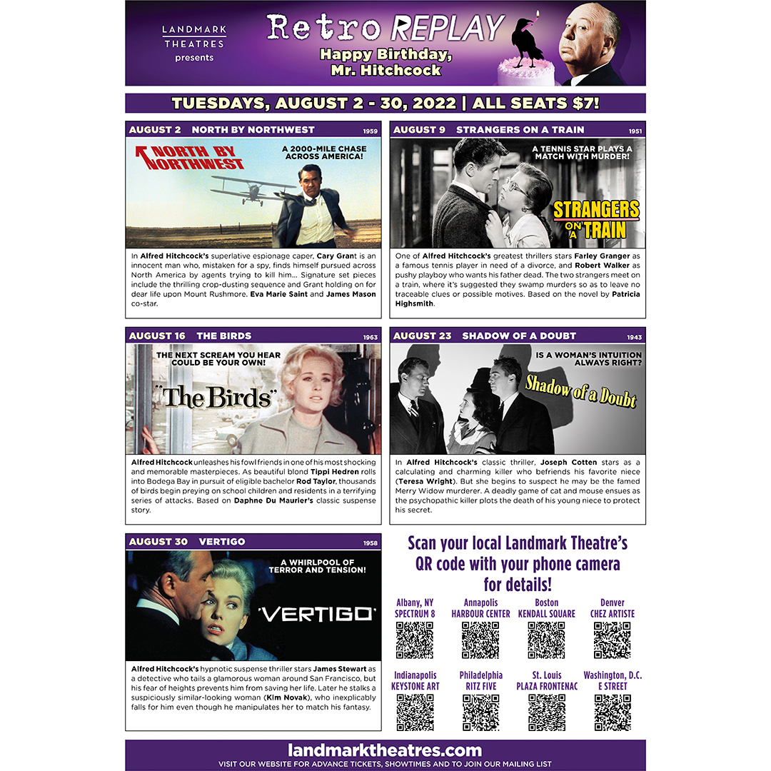 See RETRO REPLAY, our weekly series of beloved modern and vintage film classics on Tuesdays in August with Happy Birthday, Mr. Hitchcock, featuring five masterpieces from the Master of Suspense (born August 13, 1899). Tickets: fal.cn/3qJ7n