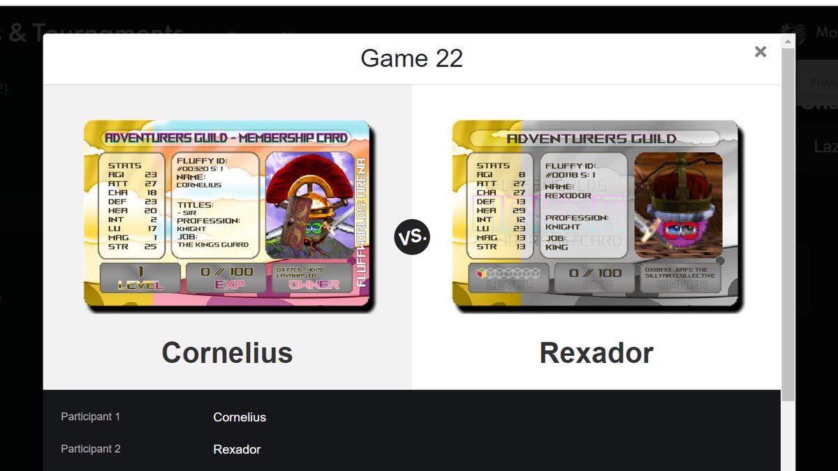 Fluffworlds's tweet image. 🏟️Little FINALE for 3rd. Place🏟️

⚔️ Sir Cornelius VS. King Rexador

Battleinfos:

Cornelius:
Type: Melee
HP: 135,5
Def: 95

Rexador:
Type - Melee
HP: 92,25
Def: 34

Charactersheets:
cryptofluffys.com/registered-flu…

cryptofluffys.com/registered-flu…

⏬ROUND1⏬#fluffworlds #NFTCommunity