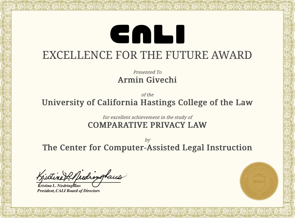 Very excited to earn the CALI award for my academic achievement in Privacy Law!