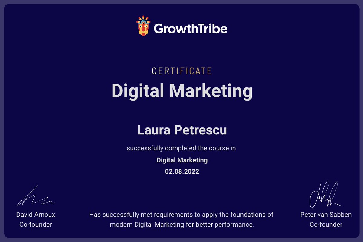 Yasssss I'm a certified digital marketer now. Thanks <a href="/GrowthTribe/">Growth Tribe</a> ! 🥳

 certificates.growthtribe.io/en/verify/2220… via <a href="/sertifier/">Sertifier</a>