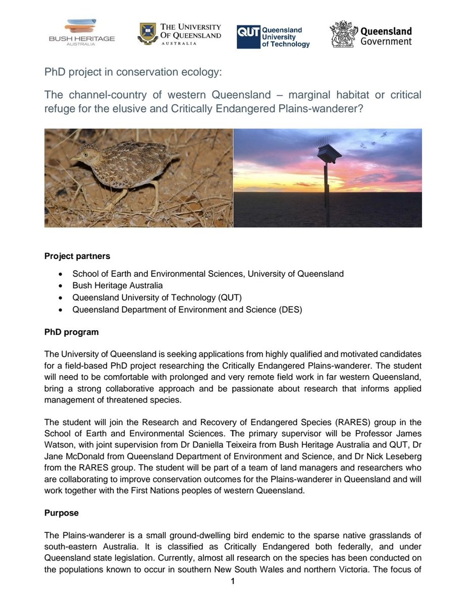 An exciting opportunity for a field-based PhD project, the student will need to be comfortable with prolonged and very remote field work in western Queensland, bring a strong collaborative approach, and be passionate about research that informs management of threatened species