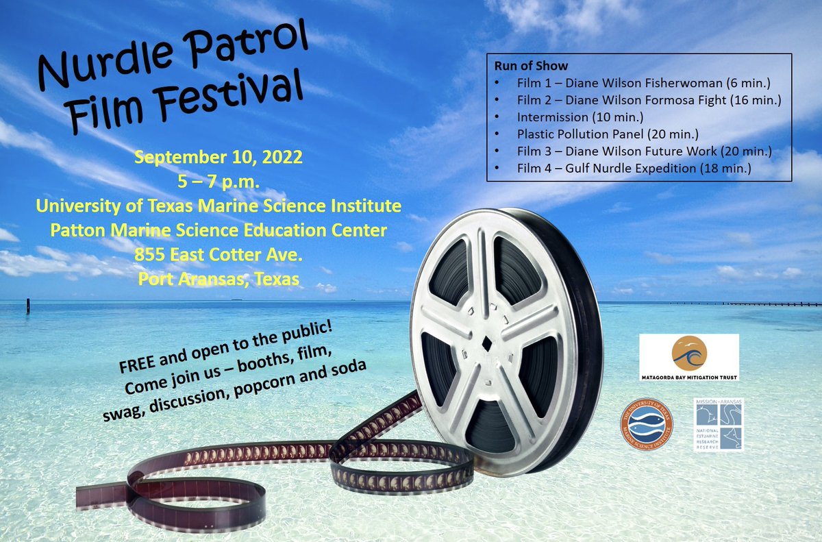 Hope you all will come to our Nurdle Patrol Film Festival on September 10th from 5pm to 7pm at the University of Texas Marine Science Institute! Lots of FREE giveaways and some great films!