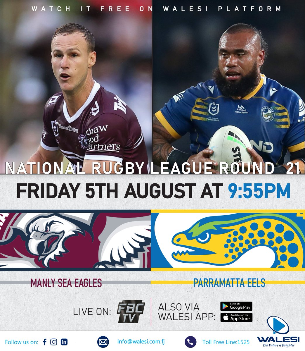 WalesiF's tweet photo. 5 Rounds remain as the Manly Sea Eagles face the Parramatta Eels this Friday. 

Who do you think would be climbing the points ladder?

Don't miss this epic battle as it features LIVE via #Walesi Platform.

#WalesiFiji #FreeChannels #Fiji #DigitalTV https://t.co/t2MP3700aU
