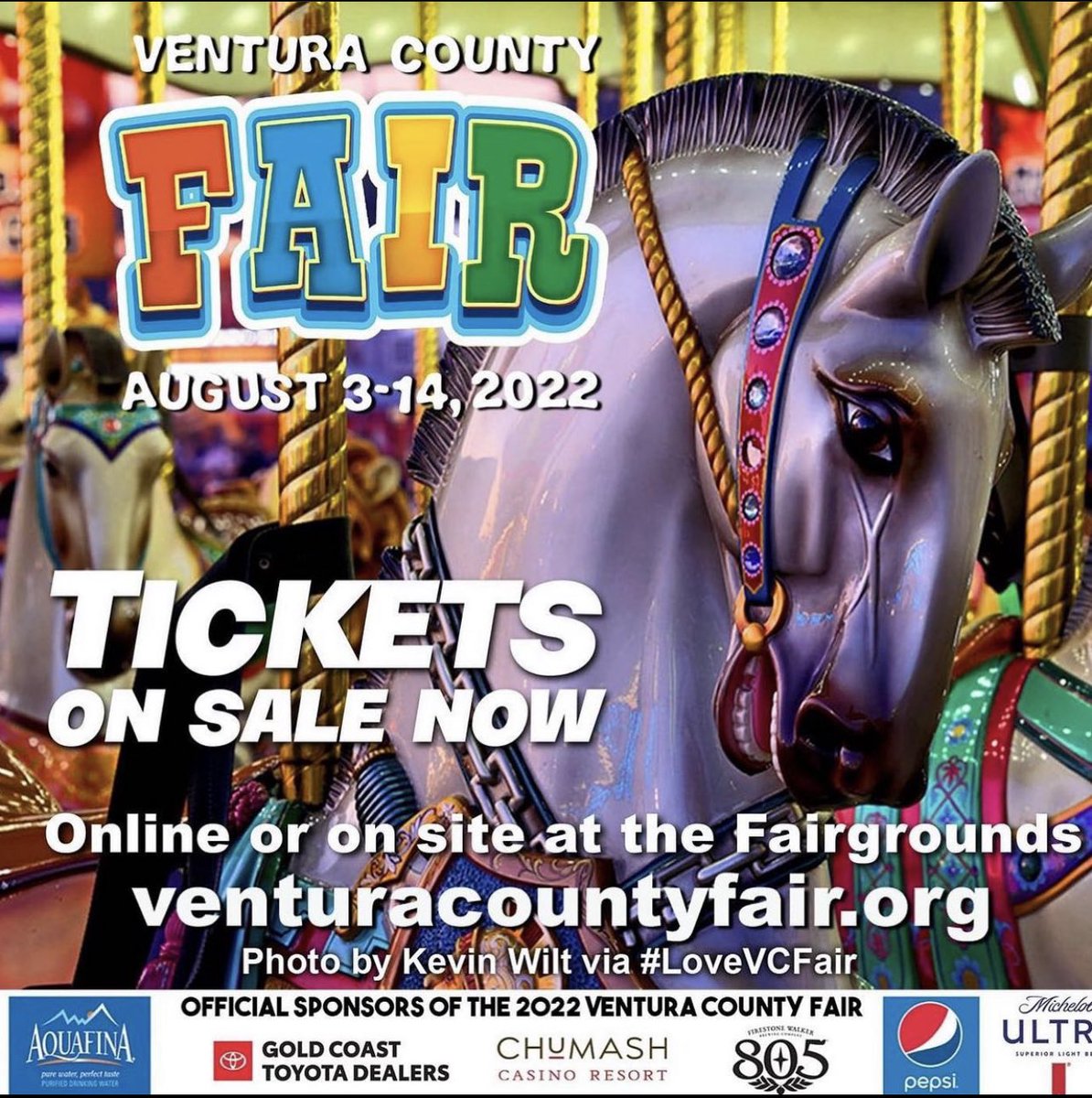 The Ventura County Fair opens Wednesday, August 3 &amp; runs through Sunday, August 14. 

Wow Passes, admission &amp; carnival ride tickets are on sale at venturacountyfair.org or at the Ventura County Fair box office. 

Tuesday, August 2, 10 am – 7 pm