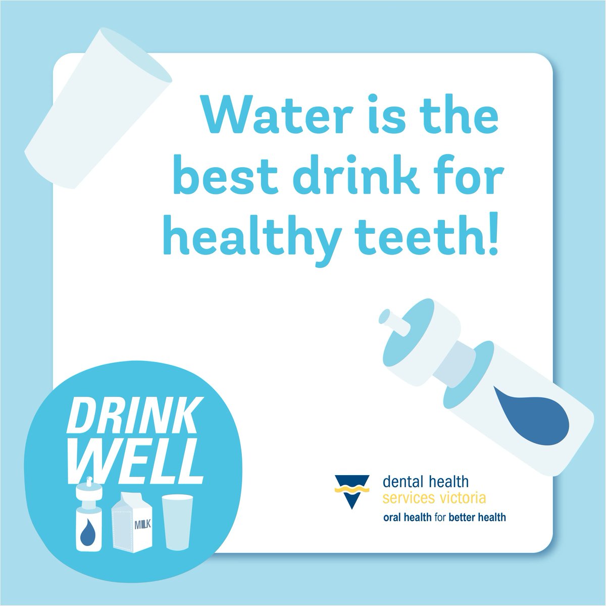 It's Dental Health Week! Water is the best drink for healthy teeth! Tap water across most of Victoria contains fluoride. Fluoride strengthens the outer protective layer of our teeth –against decay. For more information visit: bit.ly/3Q9RVpY @VicDental #dentalhealthweek