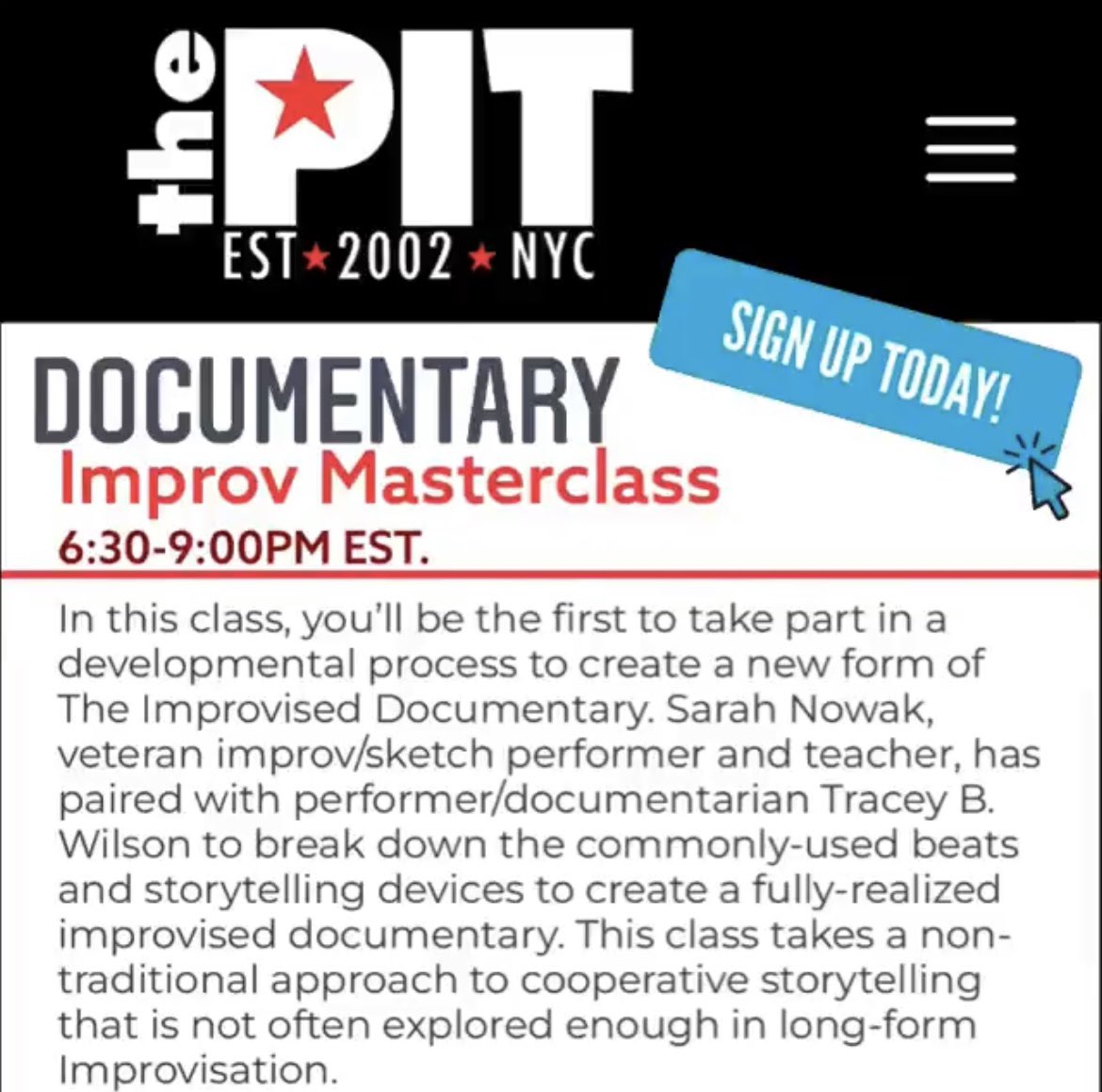 traceybwilson's tweet photo. ⭐️ Only a few spots left to be a part of history and join @snowak's inaugural "Improvised Documentary" master class at @thepitnyc ⭐️

I can't wait to see the magic this class creates!!! 🎉🎉🎉

#improvisor #documentaryfilmmaker 
#StickerFriend https://t.co/HJc4dhGBZk