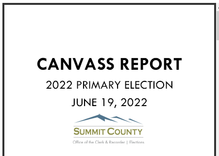 summitclerk's tweet photo. The Canvass Report that includes the RLA Report from the 2022 Primary Election is available at https://t.co/fB2FPWLJOp > 2022 Primary Election > Results &amp; Reports  The Canvass was held on July 19, 2022 for Summit County, CO.  #summitvotes https://t.co/kuBcYFCHsr