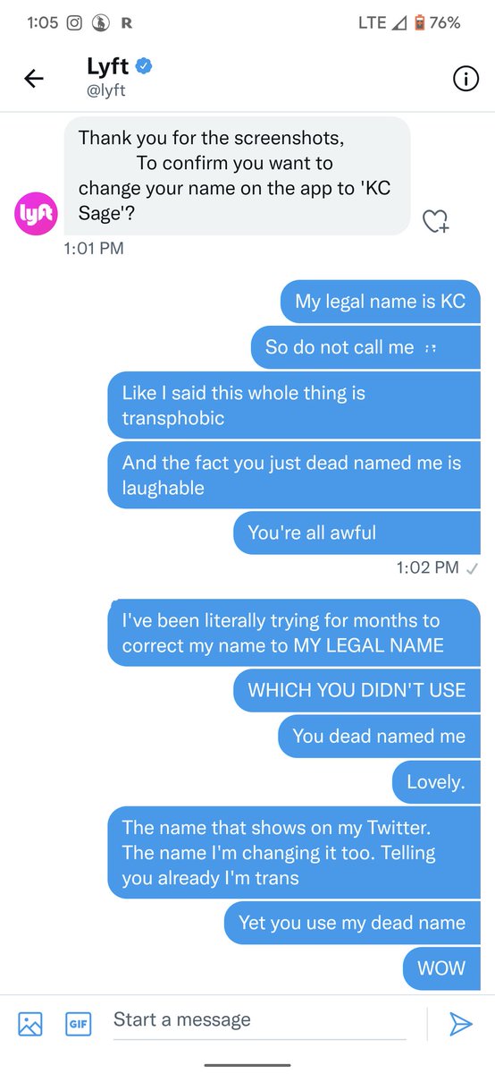 CynicalKay's tweet photo. @lyft won't let you update your name on the app, but you can add pronouns. Then after finally figuring out how to contact someone about this, they will just dead name you. Transphobia is a cute look Lyft. https://t.co/0voCxOuruj