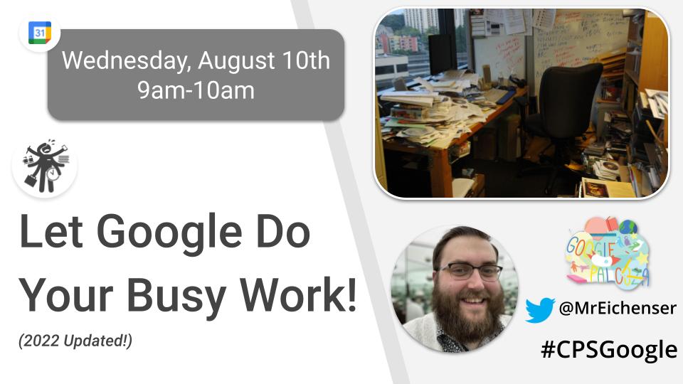 MrEichenser's tweet image. 🤩 Excited to announce that I&apos;ll be presenting at CPS Googlepalooza next week! Two sessions, both on Wednesday!

Register Today!:googlepalooza2022.sched.com
(direct session links coming soon!)

#CPSGoogle