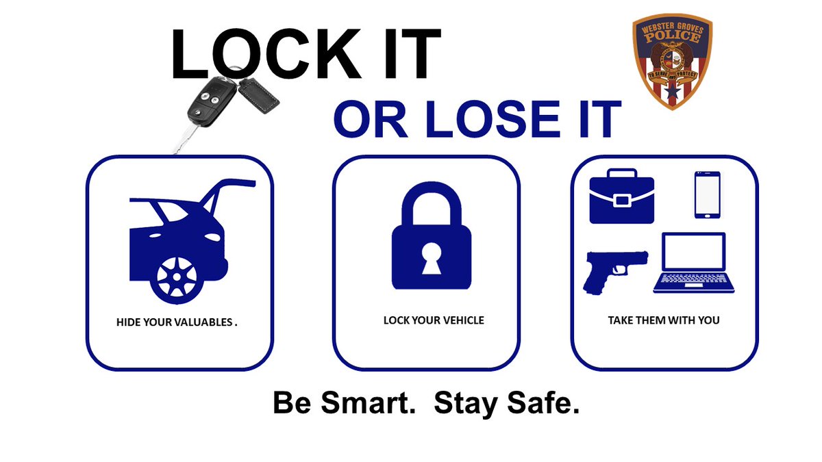 WebsterGrovesPD's tweet photo. The City of Webster Groves, as well as several of our surrounding municipalities are experiencing a high number of thefts from vehicles as well as thefts of vehicles.   
For more information, click here:  https://t.co/oFhA7pN8mf https://t.co/jy7LMYC9kQ